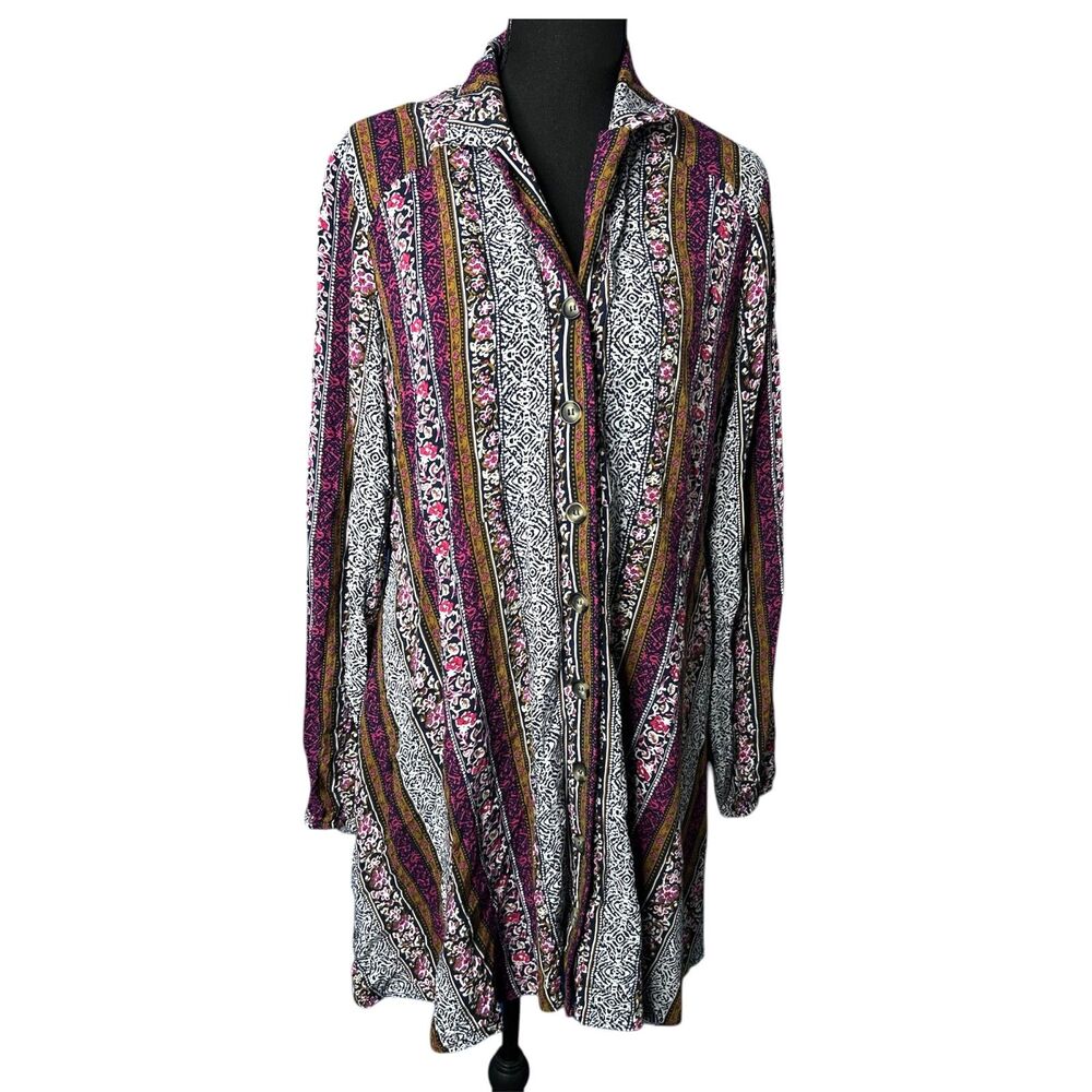 Natural Life Womens Ansley Shirt Dress - L Boho Peasant Striped Festival Floral